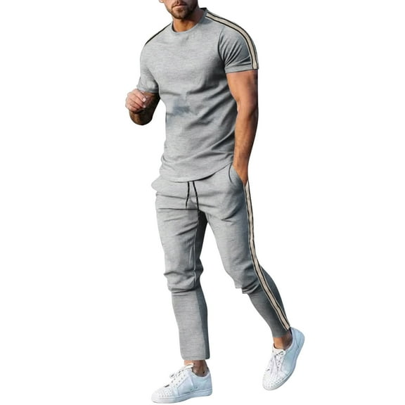 Ohufall Workout Sport Sets for Men 2 Piece Outfits 2025 Summer Tracksuit Sets Fashion Casual Crew Neck Tee Tops with Loose Drawstring Elastic Waist Athletic Pants