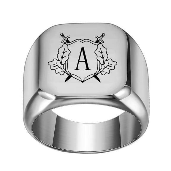 PAMTIER Stainless Steel Personalized Square Initial Alphabet A to Z Ring for Men Women Silver A Size 5