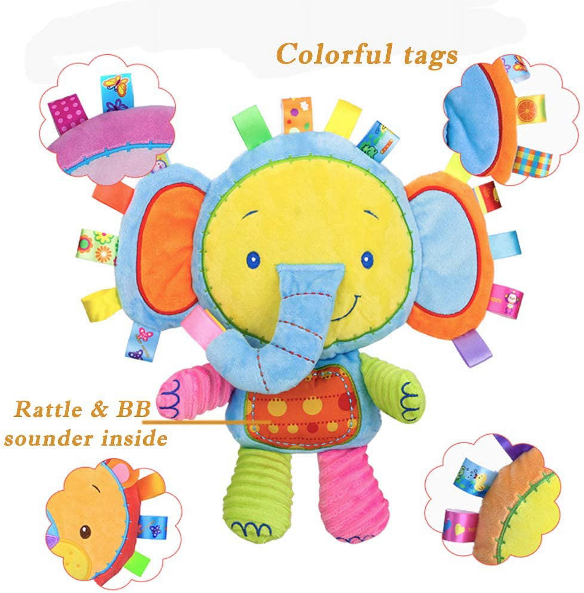 Amerteer Baby Tags Toy, Monkey/Tlephant Taggie Security Blanket Elephant Stuffed Toy, Baby Plush Sensory Tag Toy with Ribbons & Rattle,Baby Gifts for Newborns,Infant