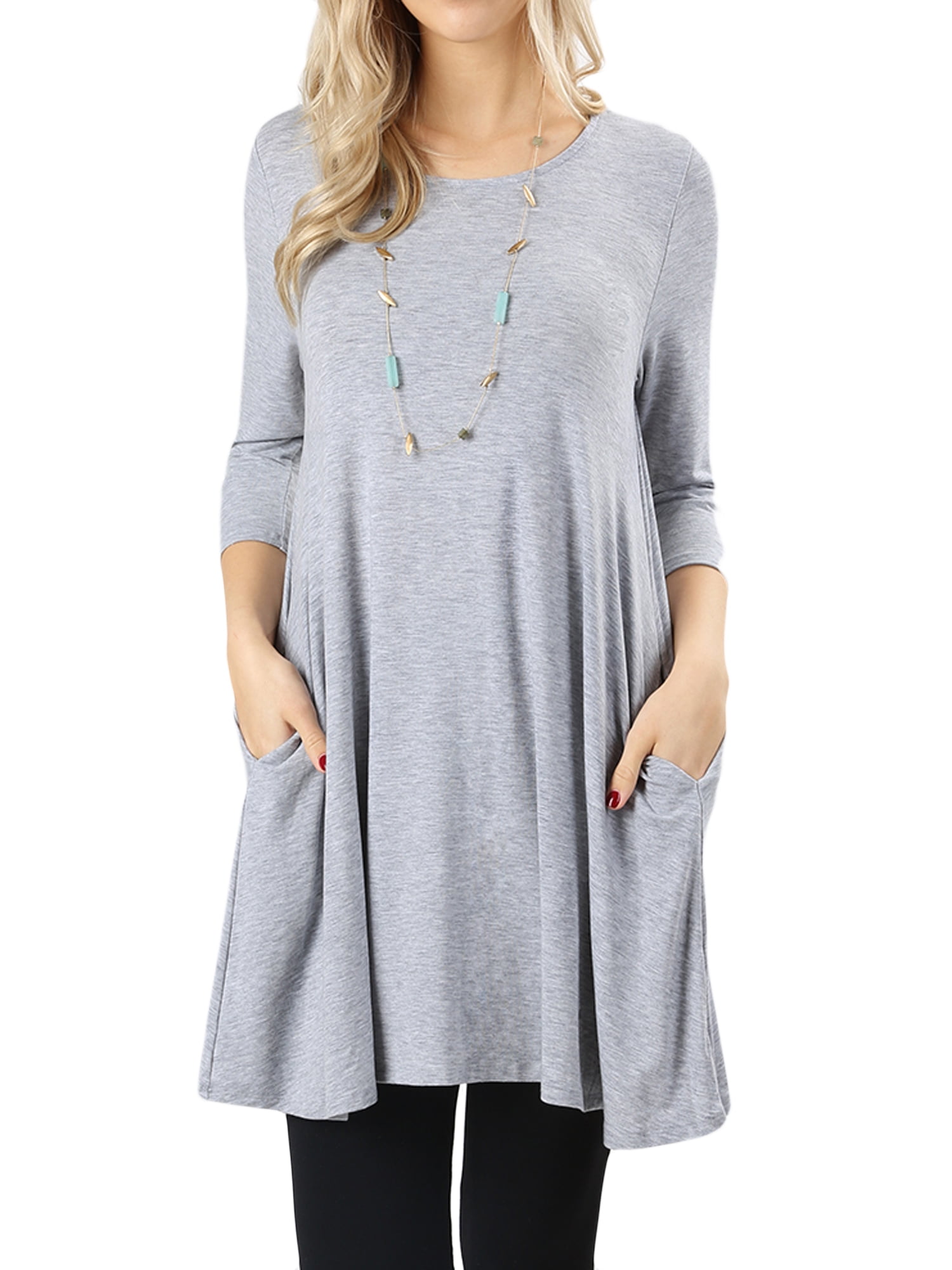 TheLovely - Women Round Neck Long or 3/4 Sleeve Flattering Comfy Swing ...
