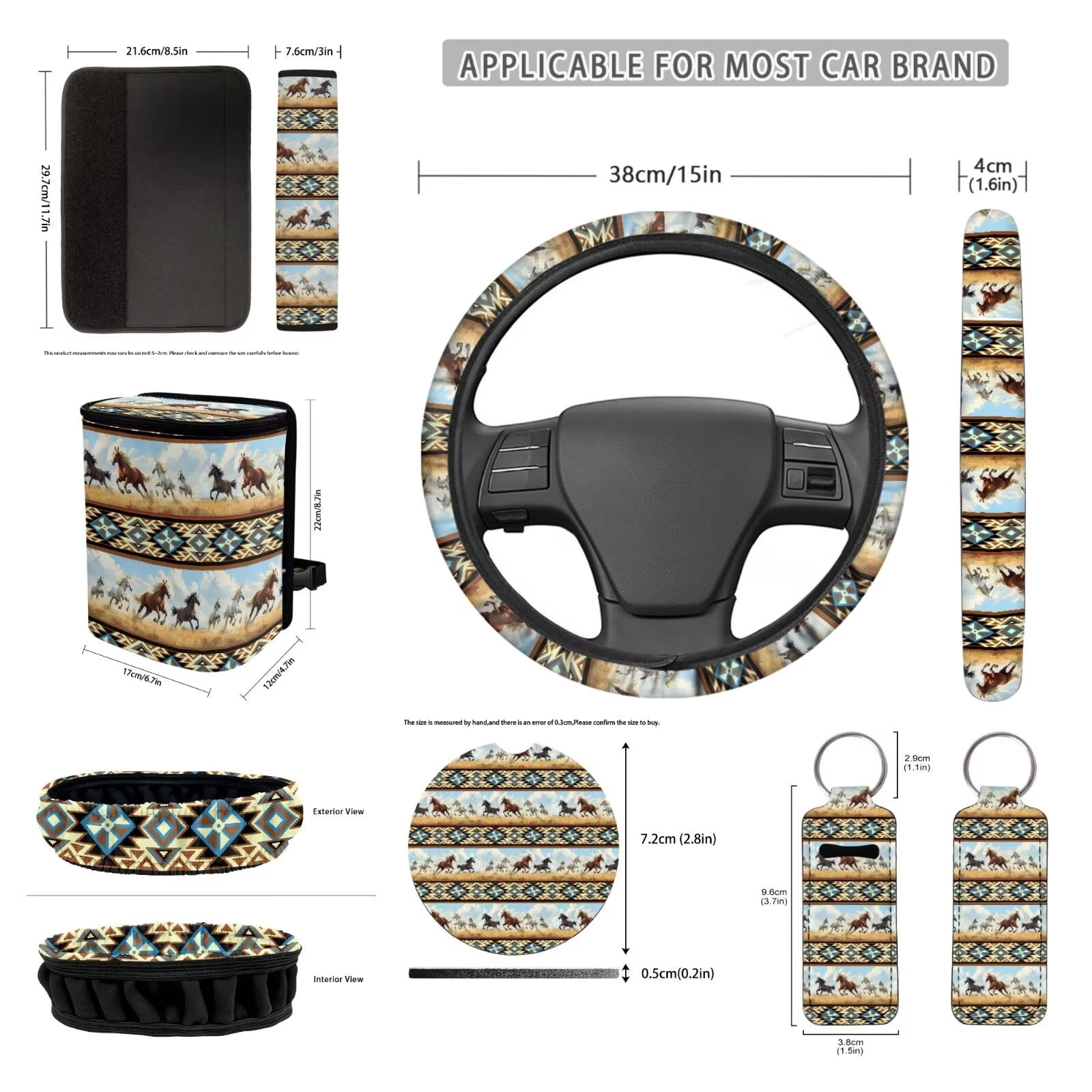 JOAIFO Boho Car Seat Cover Full Set for Women, Universal Car Seat Cover, Horse Steering Wheel Cover, Aztec Car Decor, Rear View Mirror Accessories