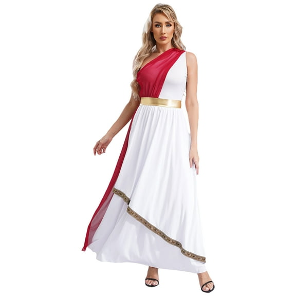 Eandarui Womens Halloween Ancient Greek Costume One Shoulder Vintage Trim Roman Toga Dress Burgundy XXL