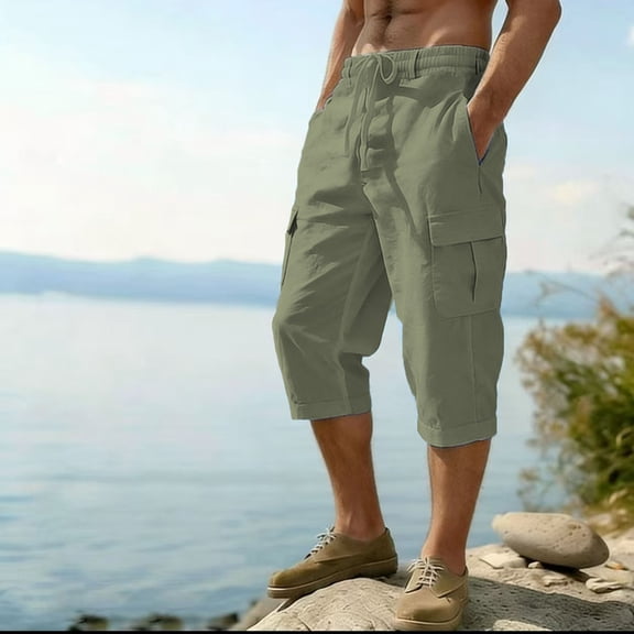 Mens Cotton Linen Capris Summer Outdoor Hiking Cargo Pants Elastic Waist Drawstring Travel Beach Trousers with Pocket