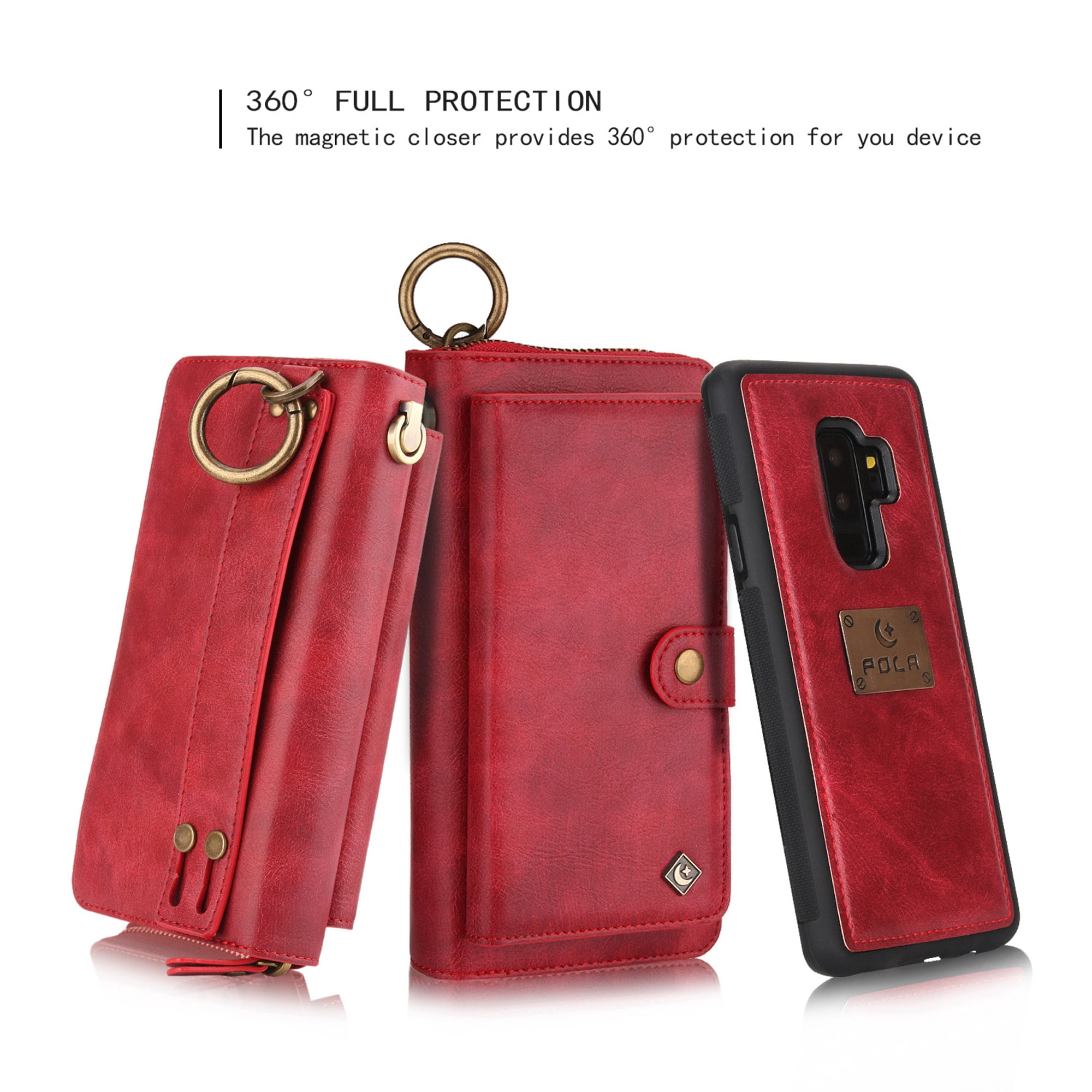 Galaxy S9 Plus Wallet Detachable Case, Dteck [wrist band][14 Card Slots] Zipper Purse Phone Case Multi-functional Folio Flip PU Leather Removable Magnetic Back Cover For Samsung Galaxy S9+,Red