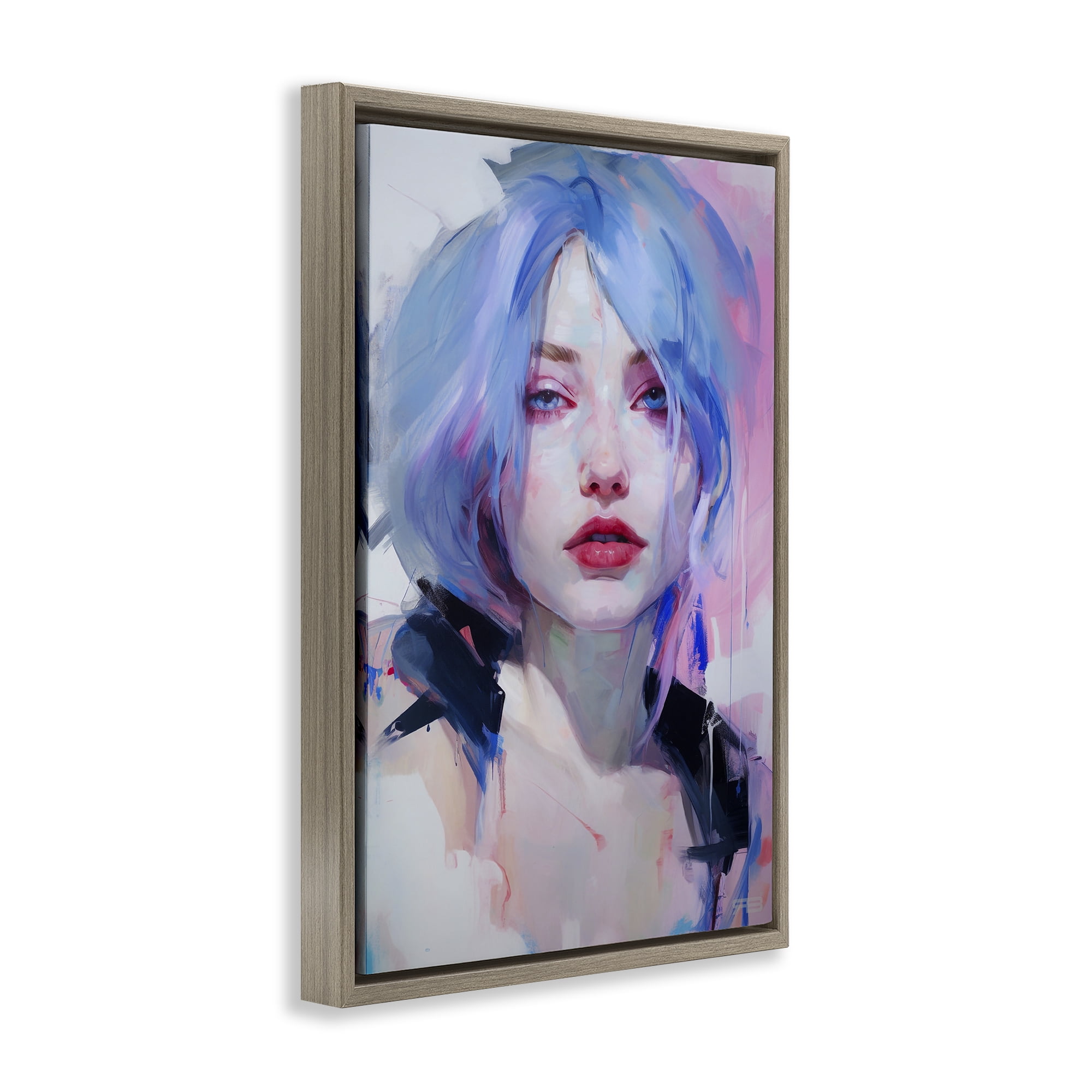 Stupell Industries Blue Haired Woman Visage Novelty Painting Brown Floater Framed Art Print Wall Art, 17 x 25