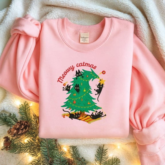 Christmas Black Cats Embroidered Sweatshirt, Cute Holiday Cat Lover Sweater, Festive Kitty Crewneck, Funny Xmas Gift, Cozy Winter Pet Shirt