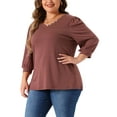 thumbnail image 4 of Plus Size Top for Women 3/4 Sleeve V Neck Button Decor Casual Solid Tees Shirts 2X Burgundy, 4 of 6