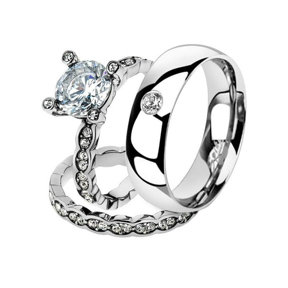 His & Her 3 Pc Stainless Steel 2.25 Ct Cz Bridal Set & Men Zirconia Wedding Band Women's Women's Size 10 Men's Size 10