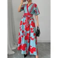 thumbnail image 4 of OYYN Maxi Wedding Guest Dresses for Women Short Sleeve Deep V Neck Formal Dresses Thigh Slit Red Corset Dress, 4 of 7