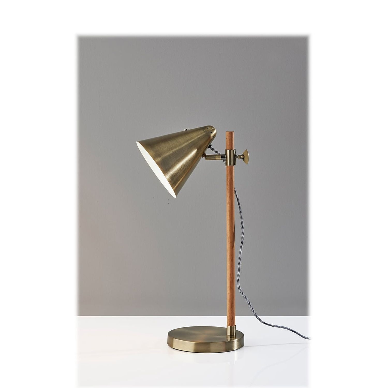 Adesso Bryn Desk Lamp, Natural RubberWood Base & Antique Brass, Antique Brass Shade