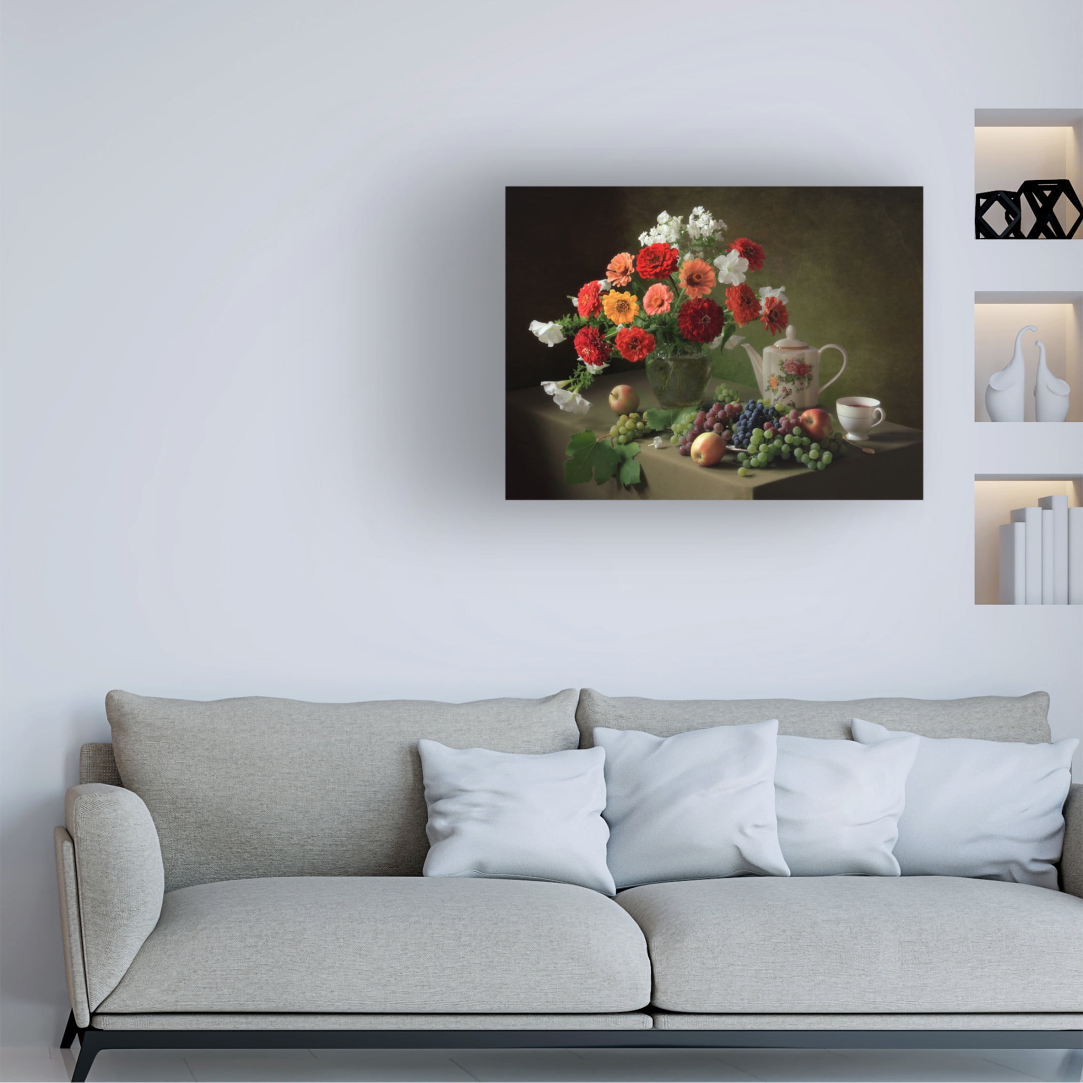 Canvas Wall Art - Tatyana Skorokhod 'Still Life With A Bouquet Of Zinnias And Fruit' Wall Art for Living Room, Bedroom, or Office Décor by Trademark Fine Art - 47 x 35 Inches