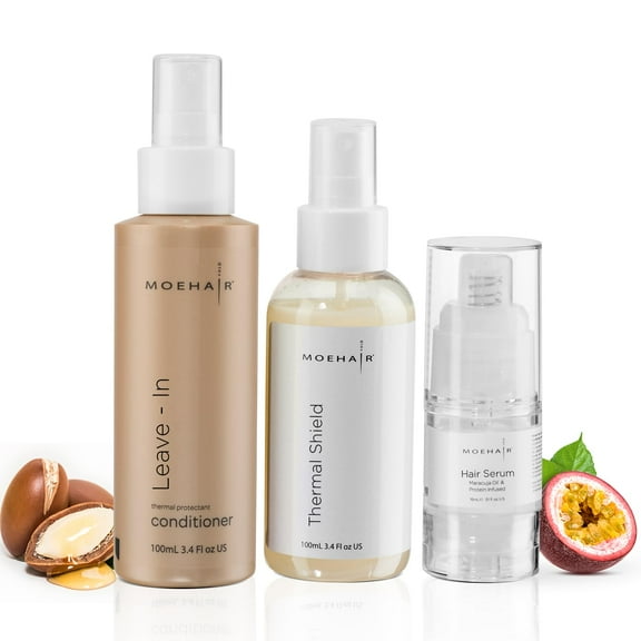 Moehair Trio Pack of Leave-in Conditioner (3.4 Fl Oz), Thermal Shield Spray (3.4 Fl Oz) and Hair Serum (0.5 Fl Oz) | Deep Conditioning and Heat Protectant With Hair Serum Travel Size Set