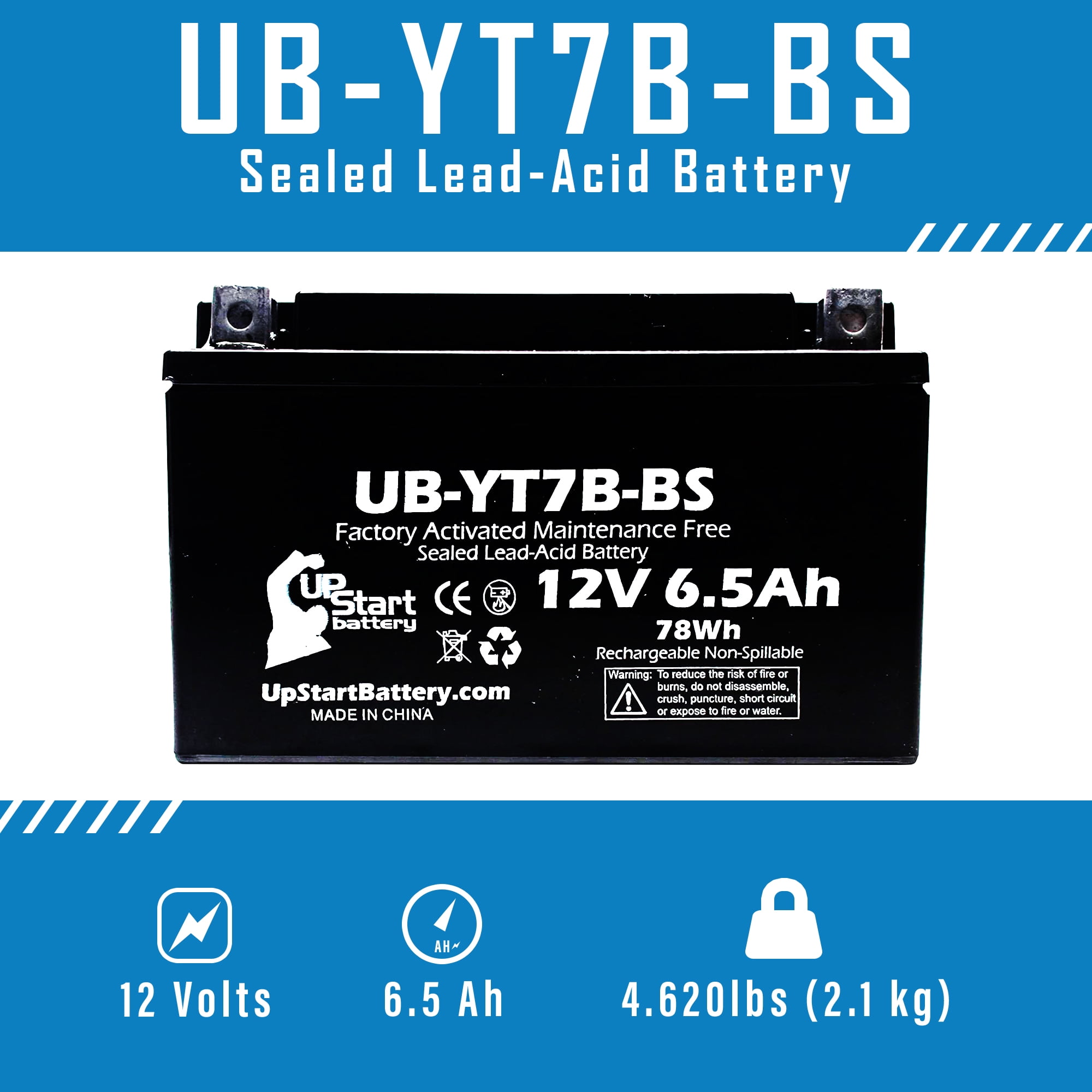 UpStart Battery Replacement 2001 Yamaha TTR250 250CC Factory Activated, Maintenance Free, Motorcycle Battery - 12V, 6Ah, UB-YT7B-BS