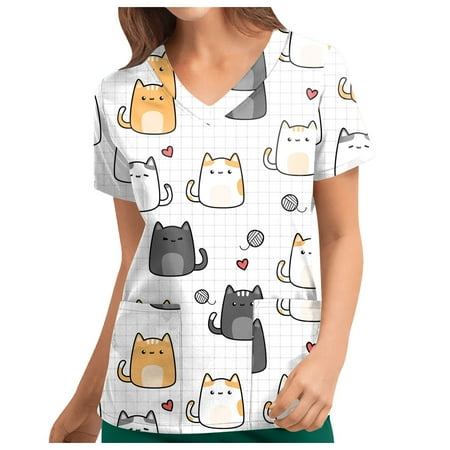 

Yubatuo Independence Day Women Plus Size Scrubs Top with Pockets V-Neck Short Sleeve Printed Work Blouse for Women White 2XL