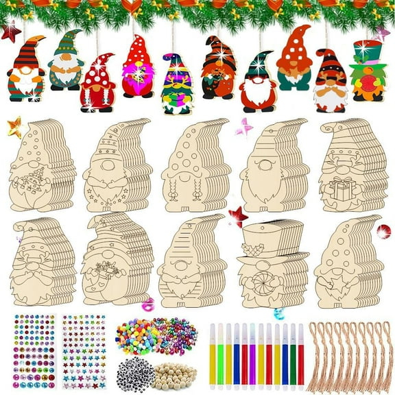 YUNOVA 354pcs Christmas Wooden Ornaments DIY Kit for Kids, Painting Craft Set with Elf Pendants, Bells, Eyes, Strings for Tree Decorations, Holiday Party Crafts