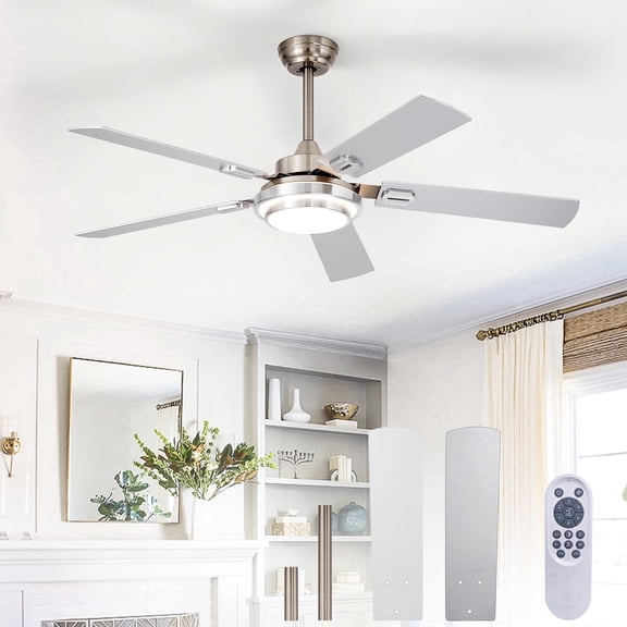 52-Inch Brushed Nickel Ceiling Fan with Light: 5-Blade Gazebo Fan Dual Finish Reversible Remote Control for Living Room & Outdoor Patios, Farmhouse