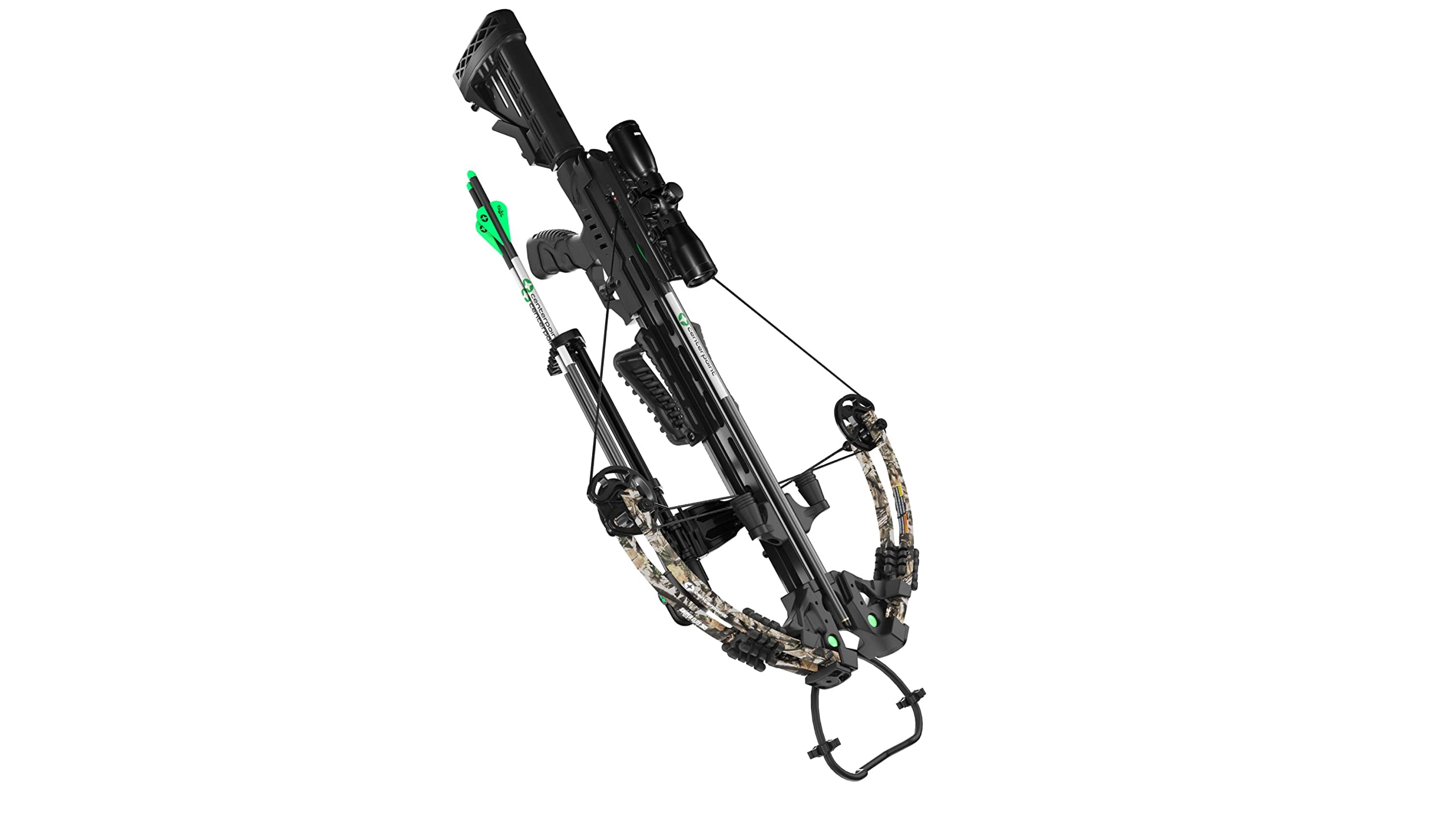 CenterPoint Sniper Elite 385 FPS Crossbow with 4x32mm Scope with Detachable Quiver, (Black/Camo)