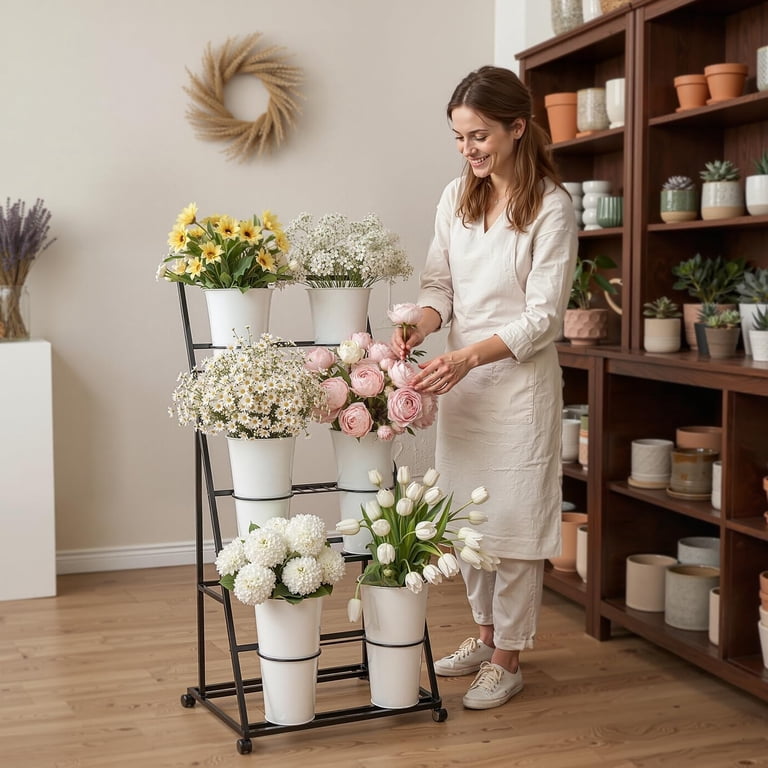 Flower Display Stand, 3 Tier Metal Plant Stand with 6 Buckets