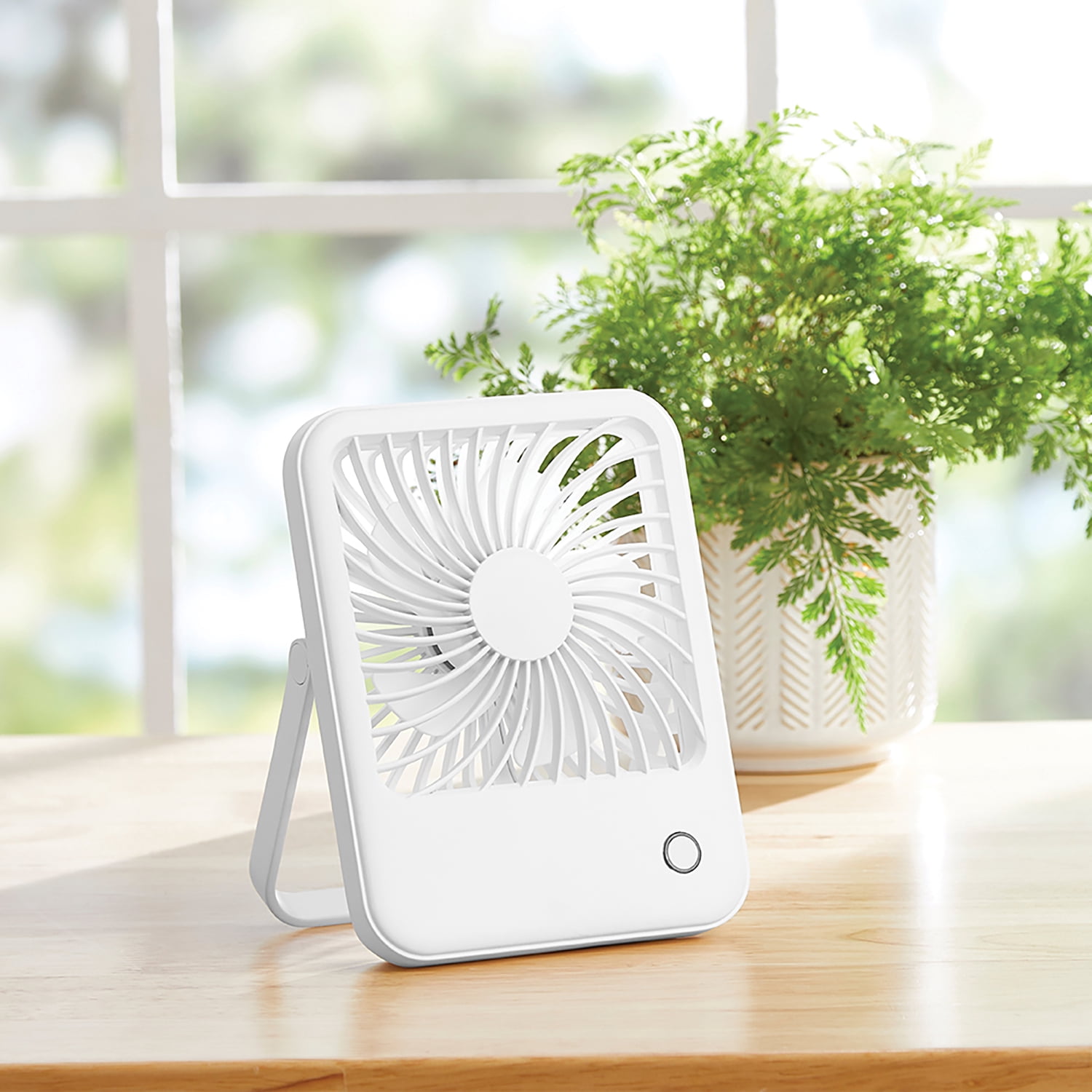 Mainstays 4 in 3-Speed Portable Rechargeable Foldable Fan with Lighted Button, White, Model FN1041NW