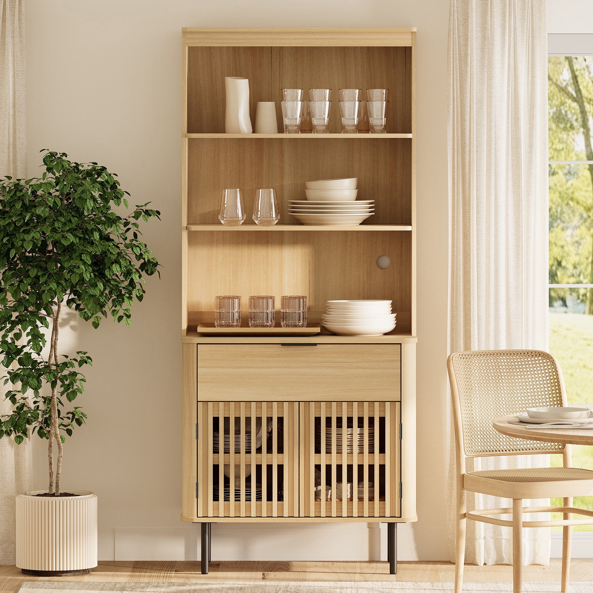 3-in-1 72.8" Fluted Pantry Cabinet with Doors & Drawer, Adjustable Shelf, Cable Mgmt, 5-Tier, Oak