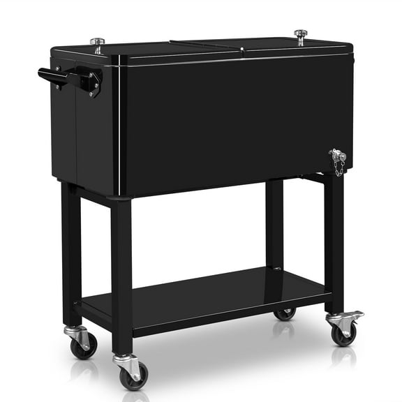 BNSPLY 80 Quart Outdoor Cooler Cart Rolling Ice Chest Cooler Cart, Portable Patio Cooler with Bottle Opener, Handles and Drainage, Split Standing Cooler for Patio Party, Camping and BBQ, Black