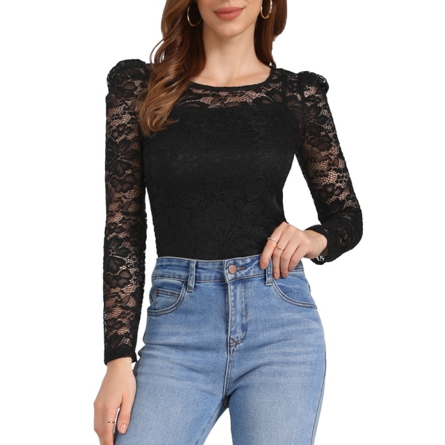 INSPIRAR CHIC Blusas de Encaje Floral Semitransparentes de Manga Larga con Volantes para Mujeres S Negro Plata