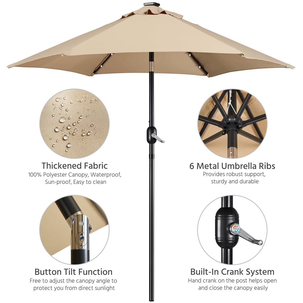 Alden Design 7.5FT LED Patio Umbrella with 6 Ribs & 18 LED Solar Lights + Patio Umbrella Base,Tan