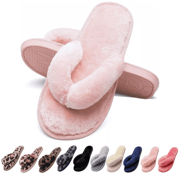 CHICVOMEY House Slippers for Women Fuzzy Open Toe Memory Foam Flip Flop Slippers Indoor Outdoor Soft Slides Shoes