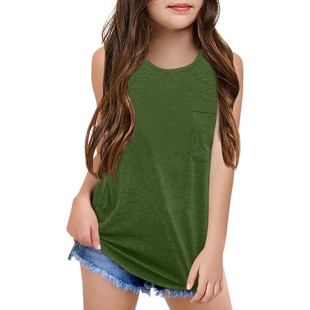 Hiiyo Big Girls Summer Tank Top Crewneck Solid Basic Sleeveless Top with Pocket, Sizes 5-14
