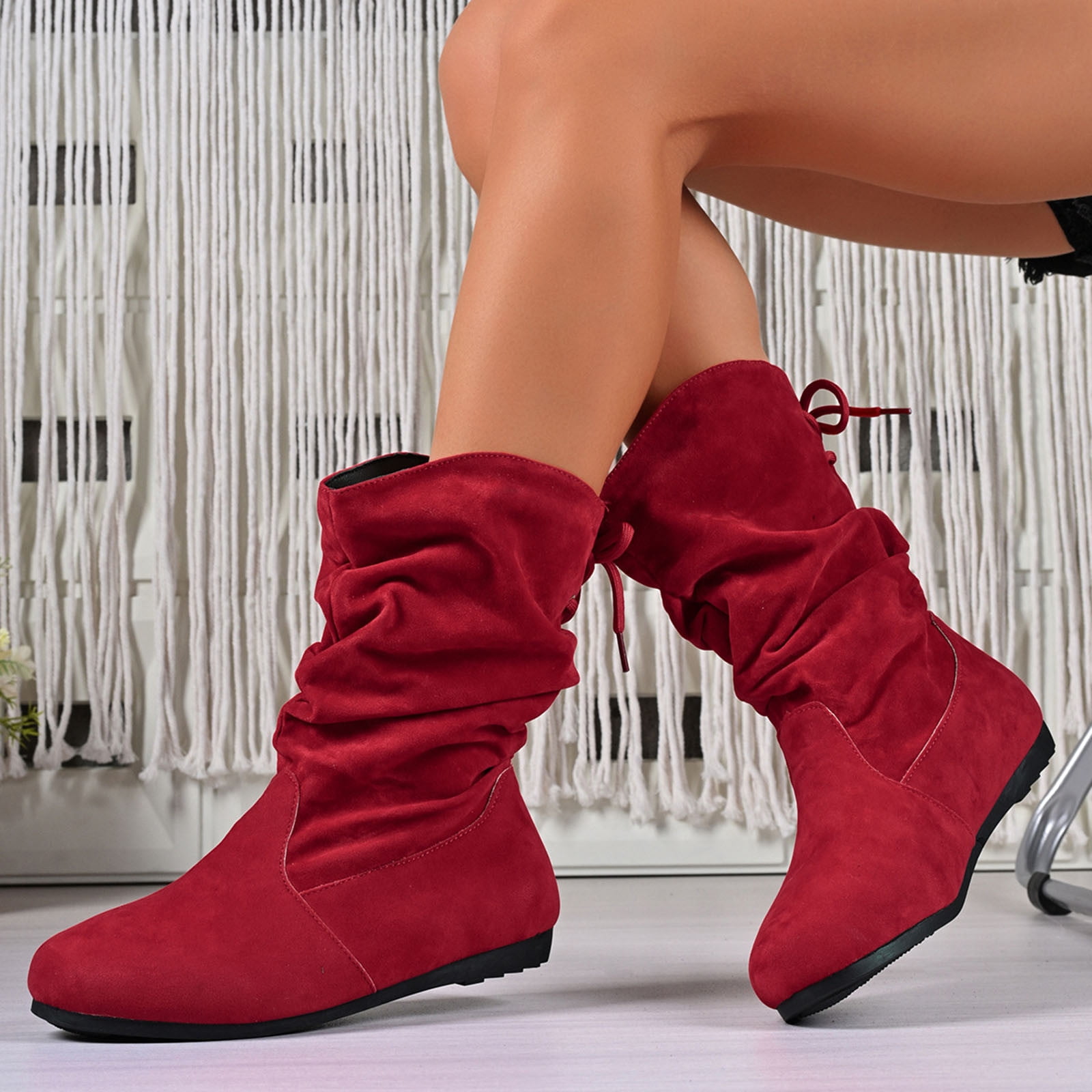 Miluxas Women Mid Calf Boots Wide Calf Slouch Ruched Suede Flats Low Heels Lace up Solid Color Booties Trendy Retro Comfort Non Slip Walking Riding Hiking Shoes Red 7.5(40)