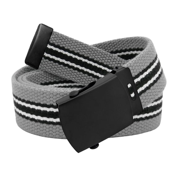 Men's Black Slider Military Belt Buckle with Canvas Web Belt Large Gray Black White Stripe