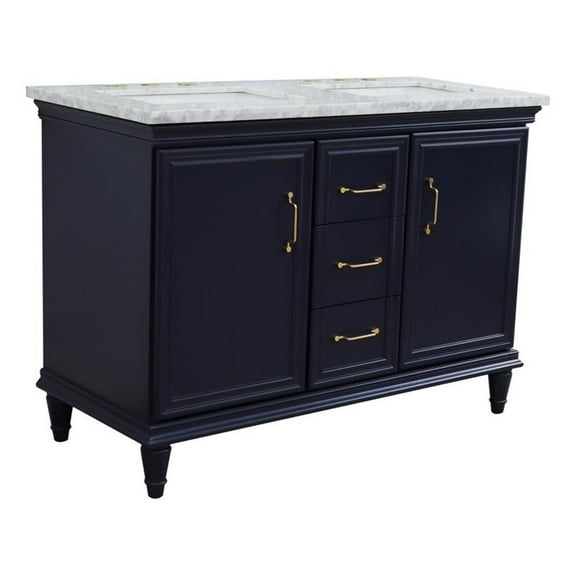 Pemberly Row 49 in. Double Wooden Vanity Blue with White Carrara Rectangle Sink