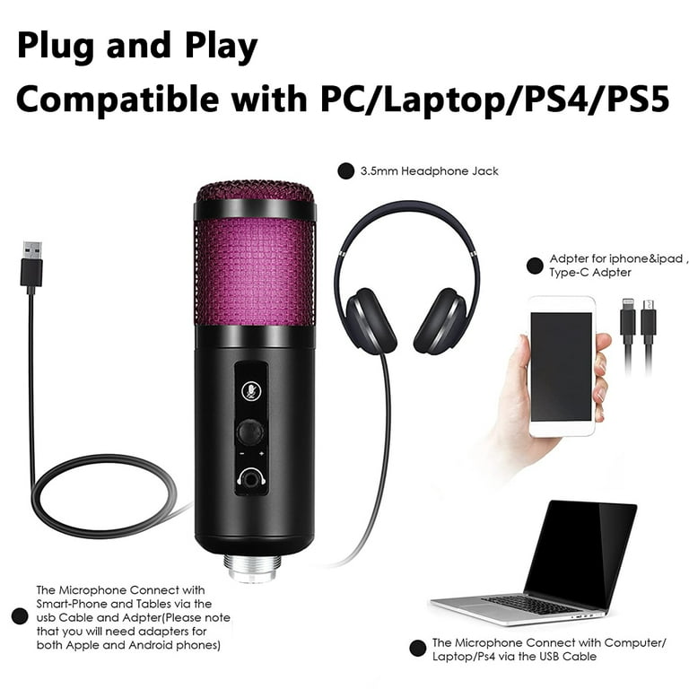 FIFINE USB Podcast Microphone for Recording Streaming, Condenser Computer  Gaming Mic for PC Mac PS4. Headphone Output&Volume Control, Mic Gain