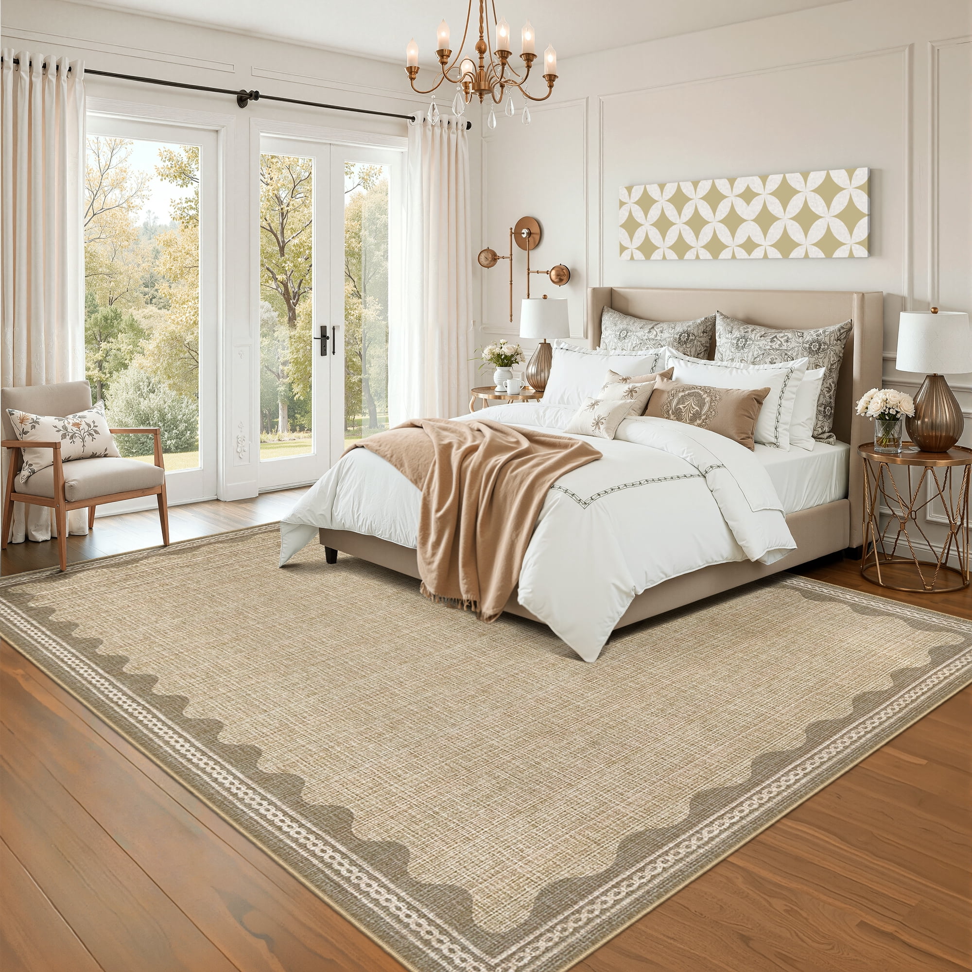 GlowSol 3'x5' Scalloped Border Pattern Rug Small Area Rug Soft Solid Area Rug Non Slip Low Pile Mat for Entryway Bedside, Jute Color