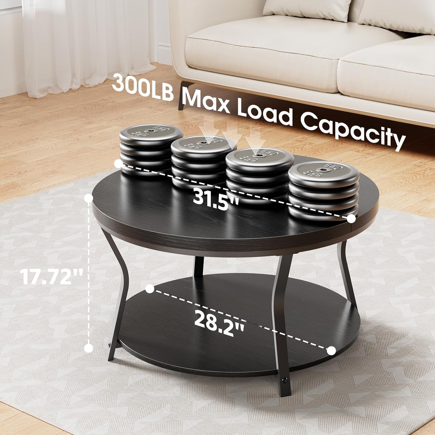 LazySpin Round Coffee Table Rustic Wood for Living Room, Black