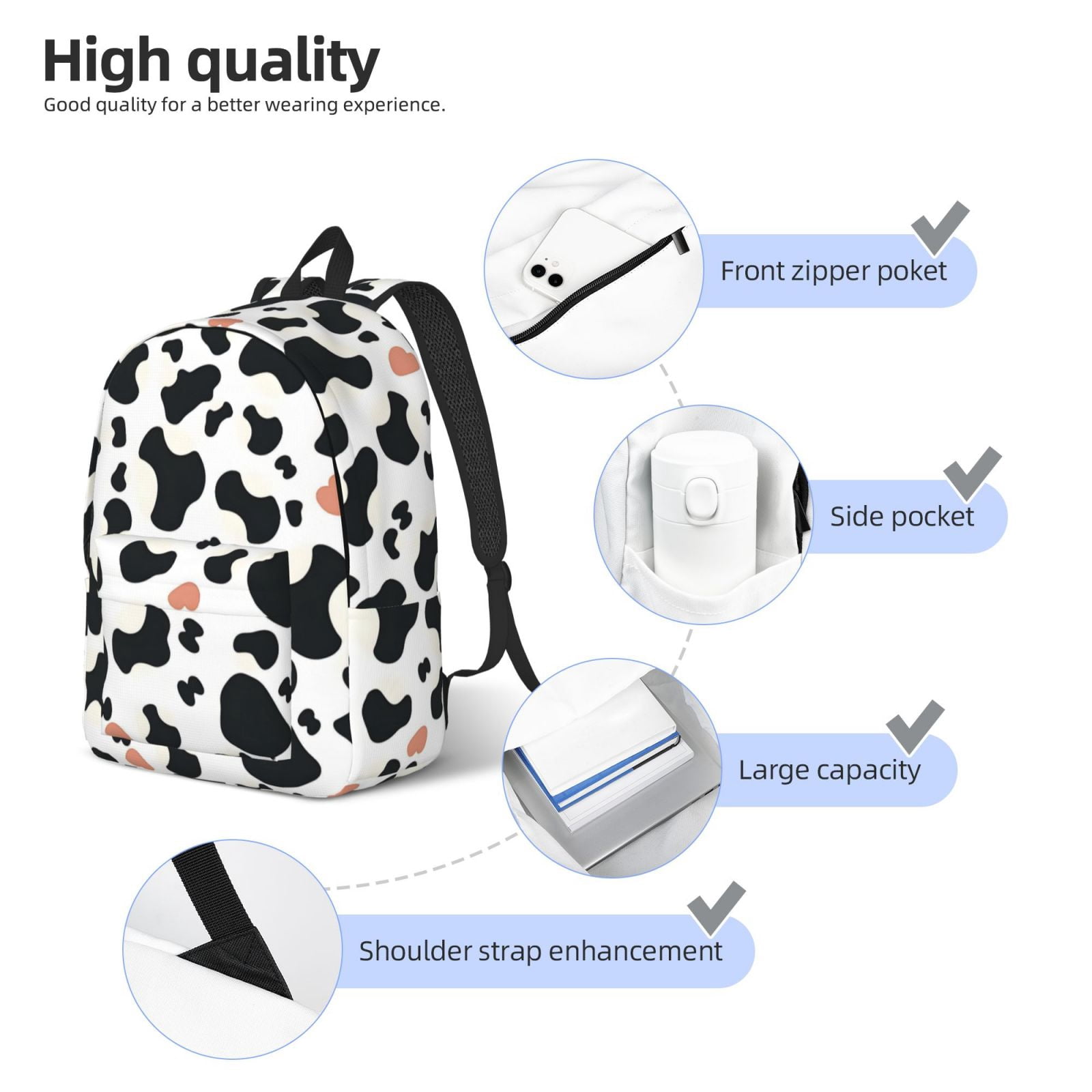 Casual Canvas Backpack Without Interlayer Large Capacity Stick Bag Design For Outdoor Shopping Office Outdoor Sports Simple Cow Print Pattern1_3 Medium
