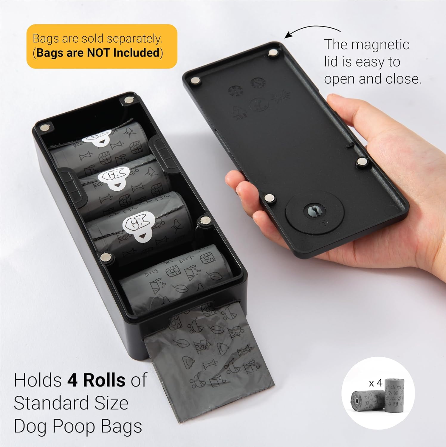 Dog Poop Bag Dispenser, Outdoor or Indoor Pet Waste Bag Dispenser Station, Wall Mount or Hanging with Strap. Easy to Refill Magnetic Cover (Black, Dispenser only)