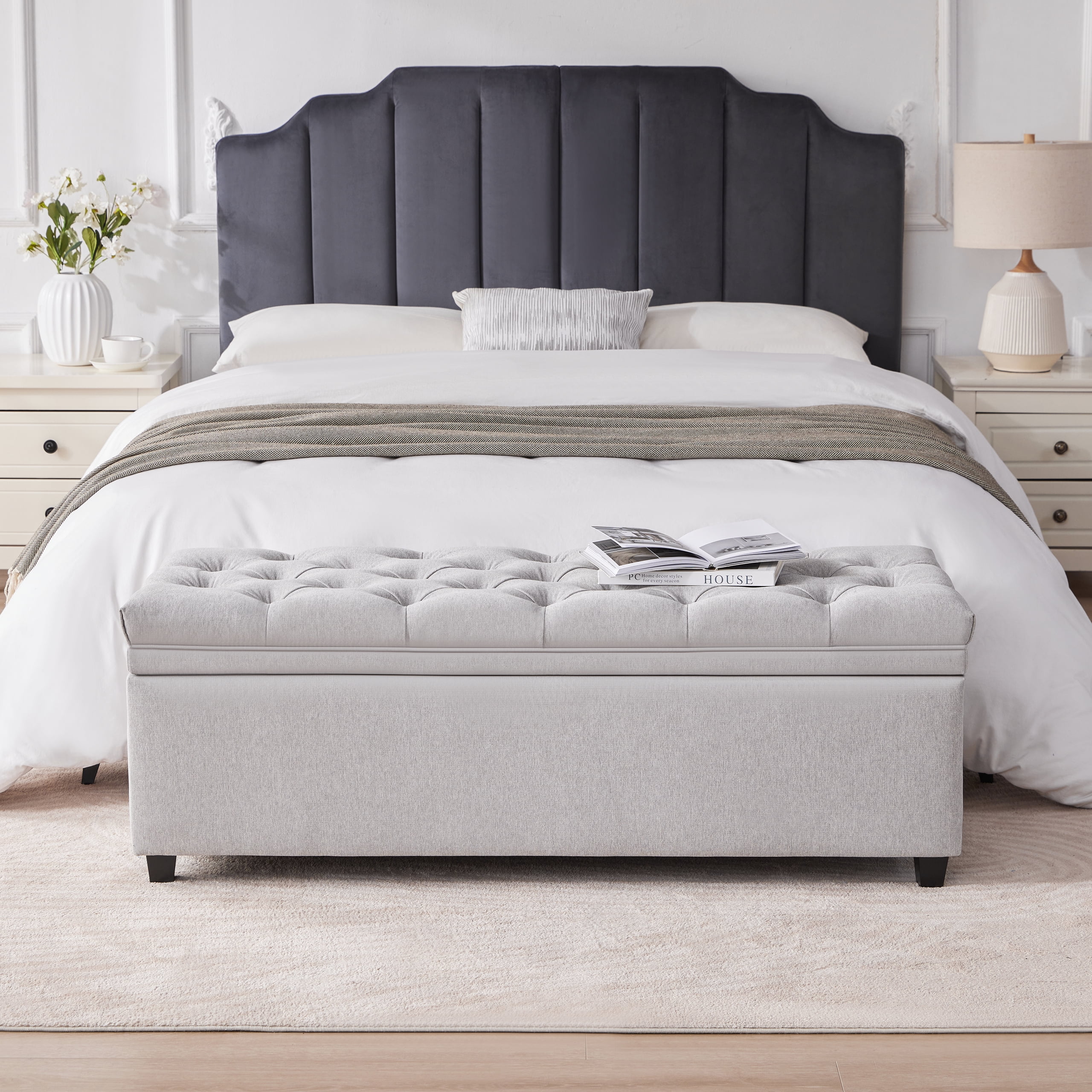 Mangodan 50" Storage Ottoman Bench, Tufted Ottoman With Storage Bench for Living Room, Large End of Bed Bench Ottomans, Modern Entryway Benches, Window & Bedroom Benches for Foot of Bed, LightGray
