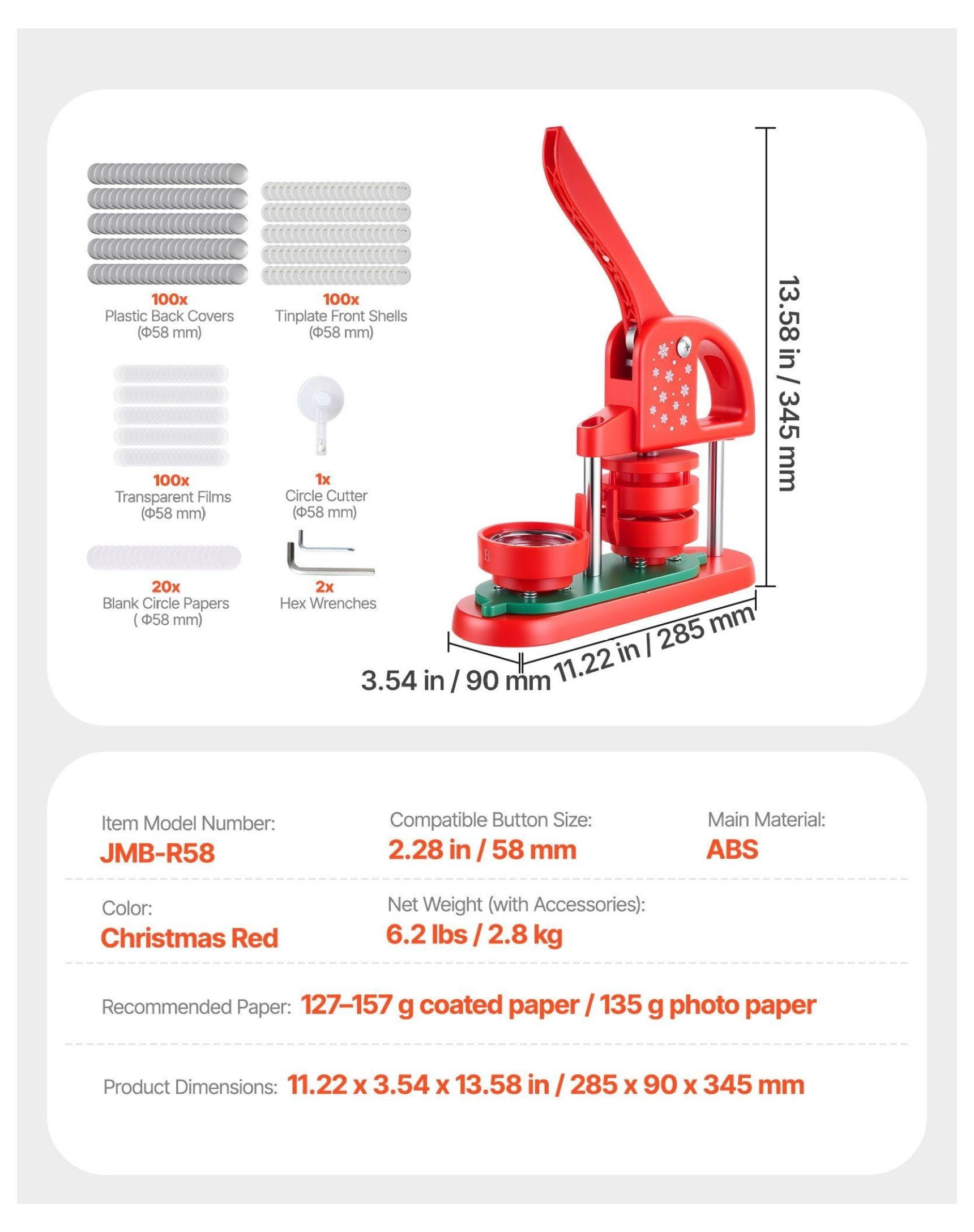Button Maker Machine 2.28 inch, DIY Pin Maker Kit with 100 Parts, Circle Cutter & Wrenches, Red - for Badges, Personalized Pins, Keychains