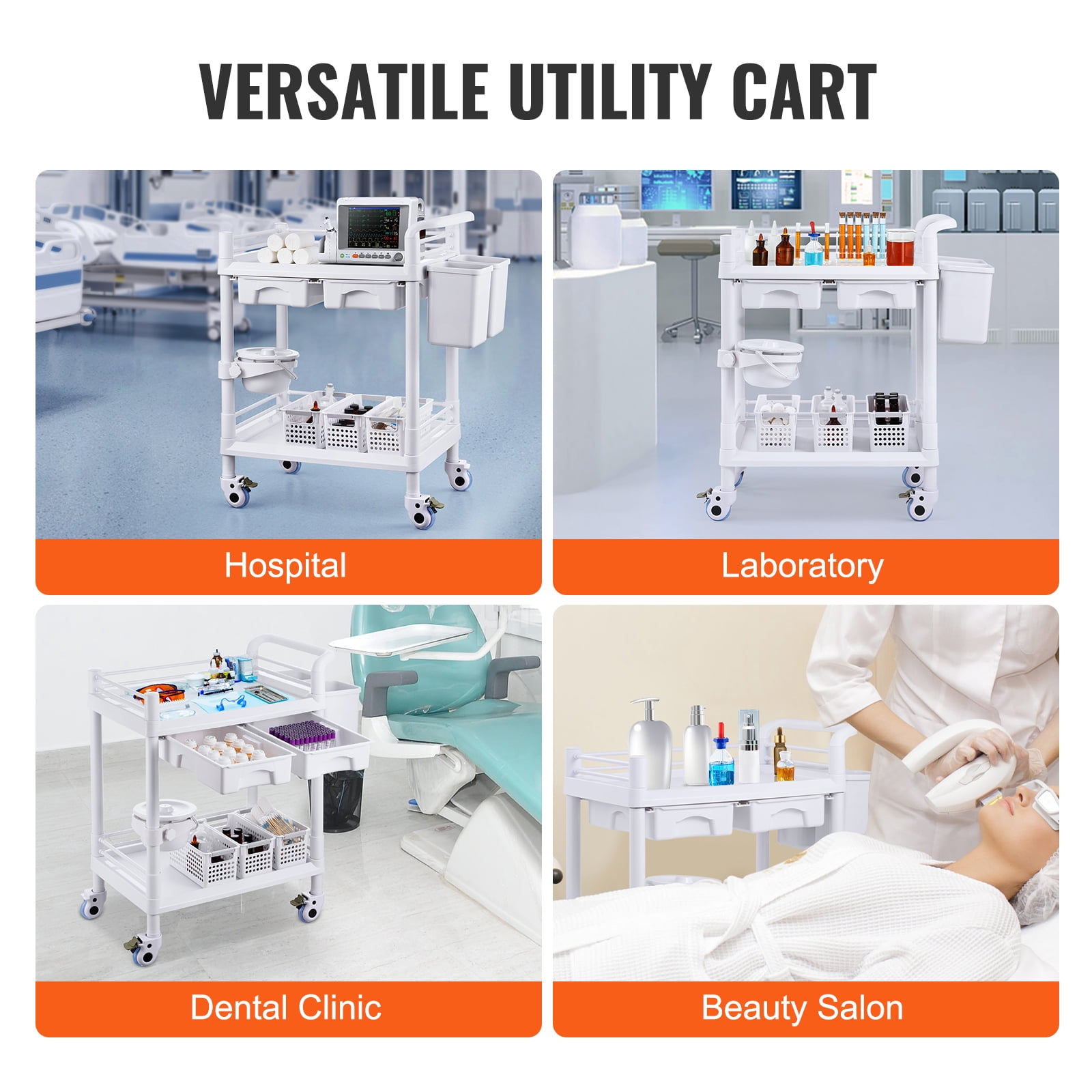 SKYSHALO Mobile Utility Cart, 2-Shelf Design with Dual Drawers & Quiet Casters, Durable PP Construction, Includes 3 Waste Bins, Ideal for Laboratories, Clinics, Hospitals & Salons, White
