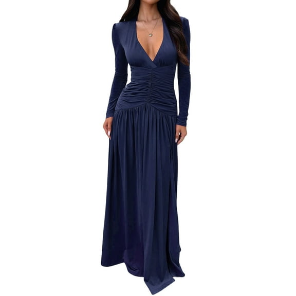 Female Long Sleeve Maxi Dress V Neck Wrap Waist Formal Long Cocktail Dresses Night Out Outfits Navy Blue M