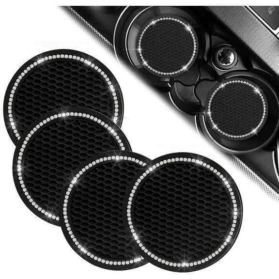 Bling Car Coasters, Car Cup Holder Insert Coaster,4 Pack Black Anti Slip Universal Vehicle Interior Accessories Crystal Glitter Cup Mats for Women and Men(2.76" Diameter)