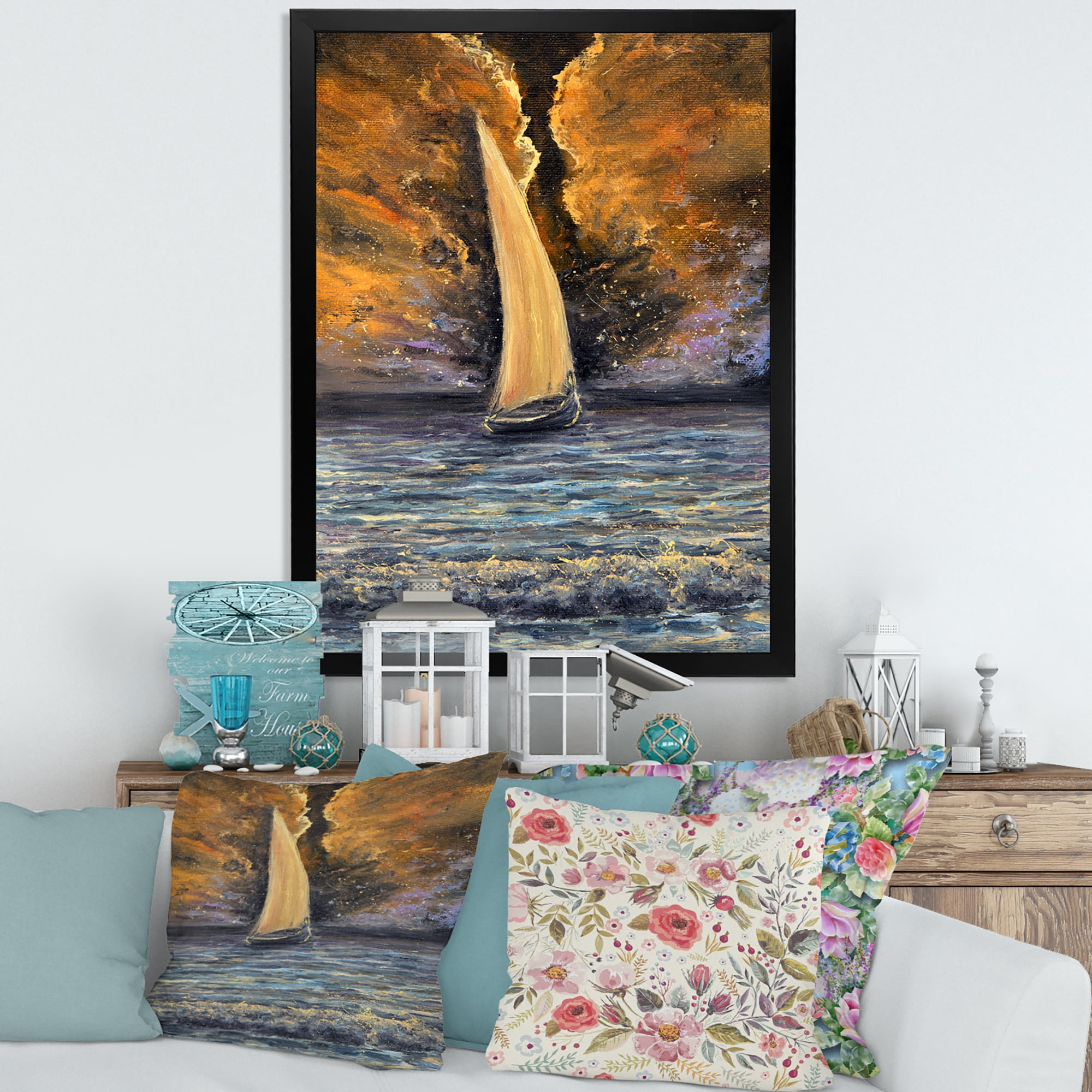Designart 'Sailship On The Ocean At Morning' Nautical & Coastal Framed Art Print