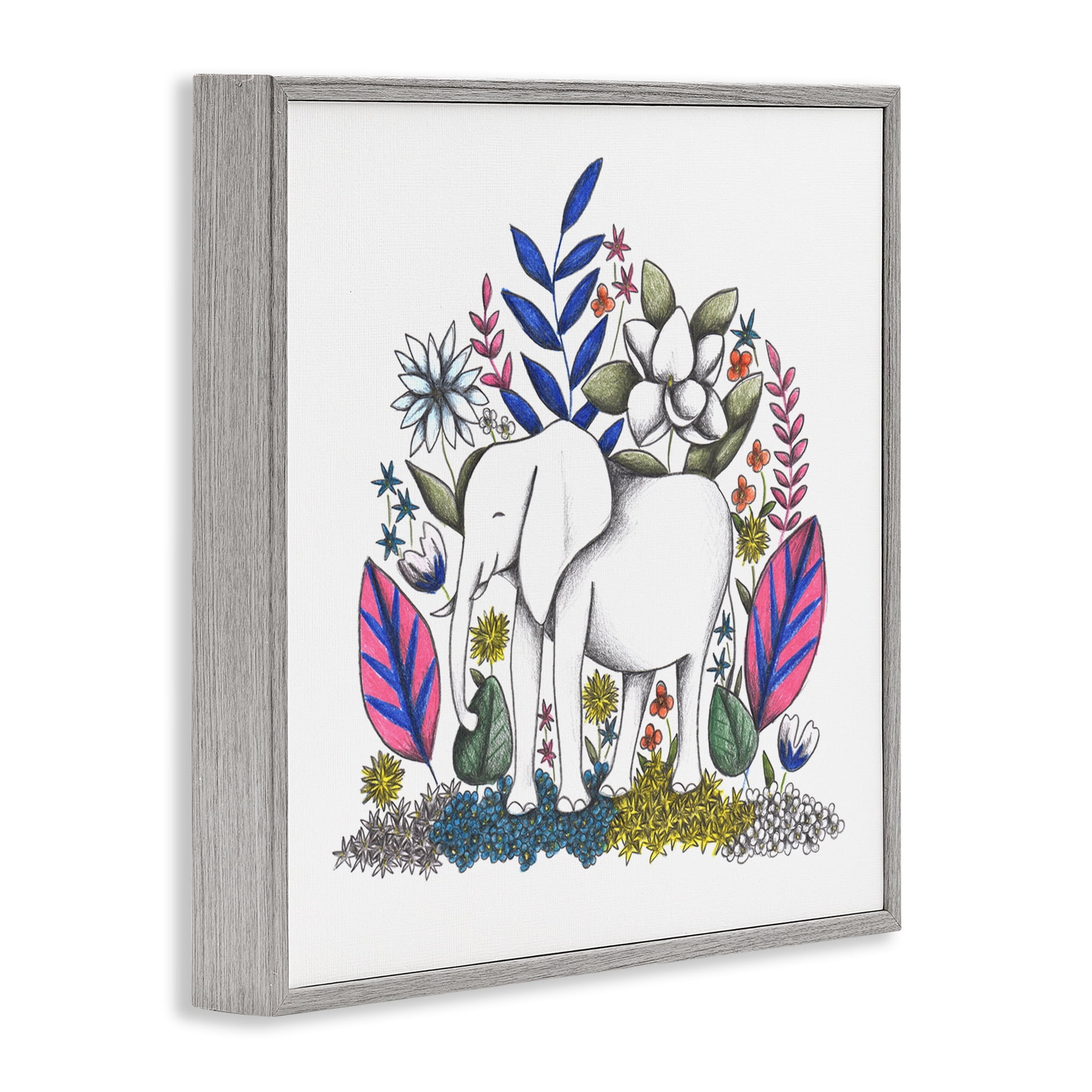 Elephant in Midst of Flowers Gray Framed Giclee Art, design by Cecilia Battaini