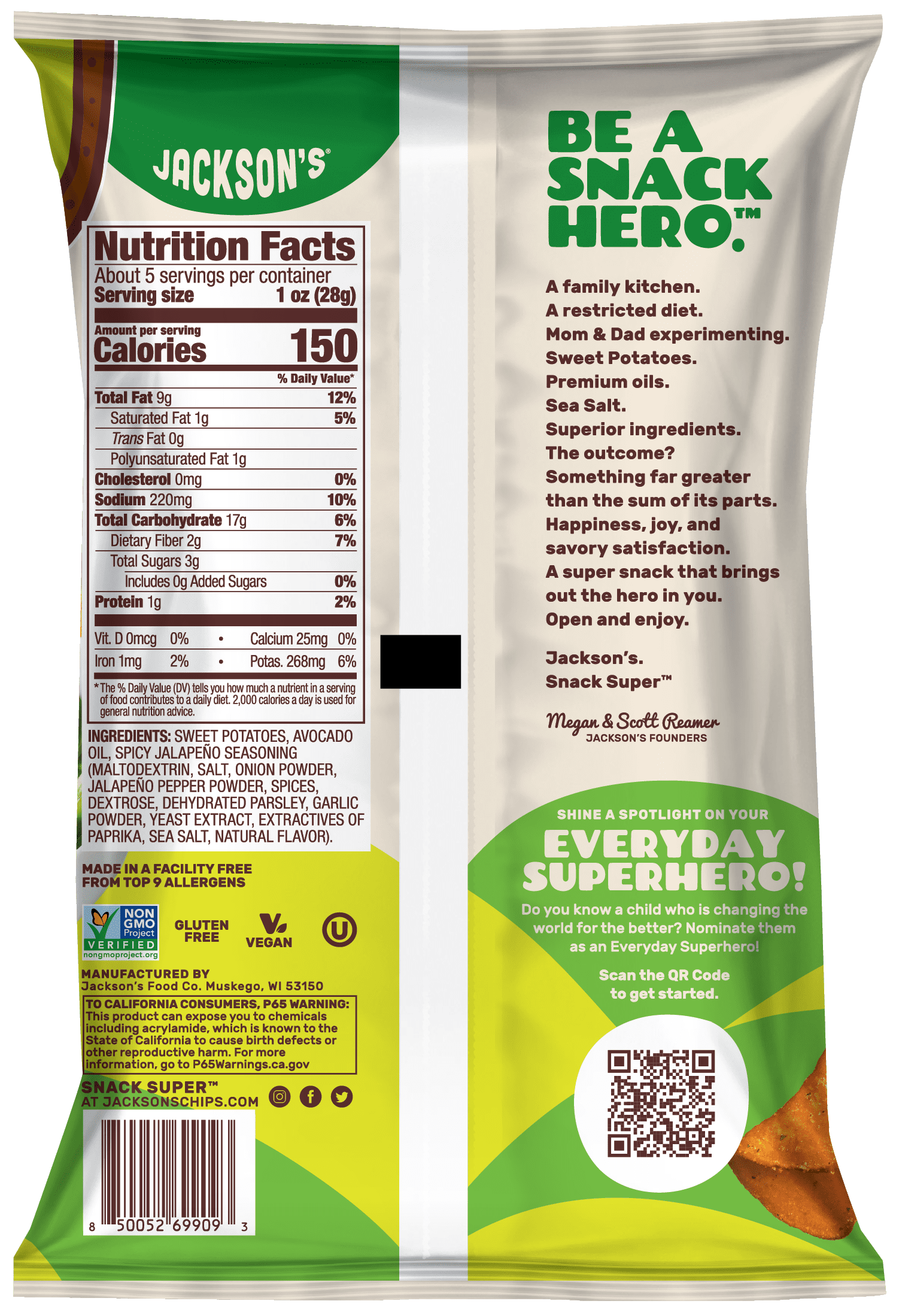 (3 pack) Jackson's Sweet Potato Spicy Jalapeno Chips, Avocado Oil, Free of Top 9 Allergens, Vegan, 5 oz