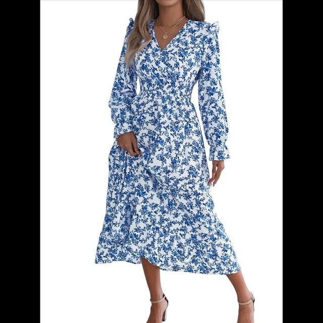 Vestido de Mujer con Estampado Floral, Cuello en V, Dobladillo con Volantes y Cintura Fruncida. Azul L