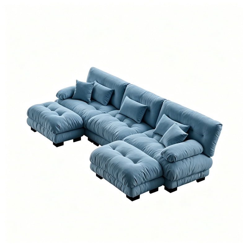 ANPPORT Cloud Couch Sleeper Sofa, Chenille Blue 3-Seater Modular Sofa with 2 Ottomans, 3 Lumbar pillows, 2 Pillows, Comfy Deep Seat Cloud Sofa, Convertible L-Shaped Floor Couch for Living Room