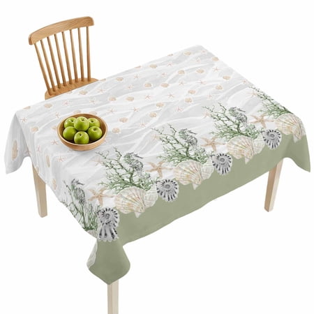 Rectangle Tablecloths Retro Nautical Marine Life Waterproof Table Cloths Shell Starfish on Gray Sea Waves Spillproof Decorative Dining Table Covers for Kitchen Indoor Parties Camping 52x70in