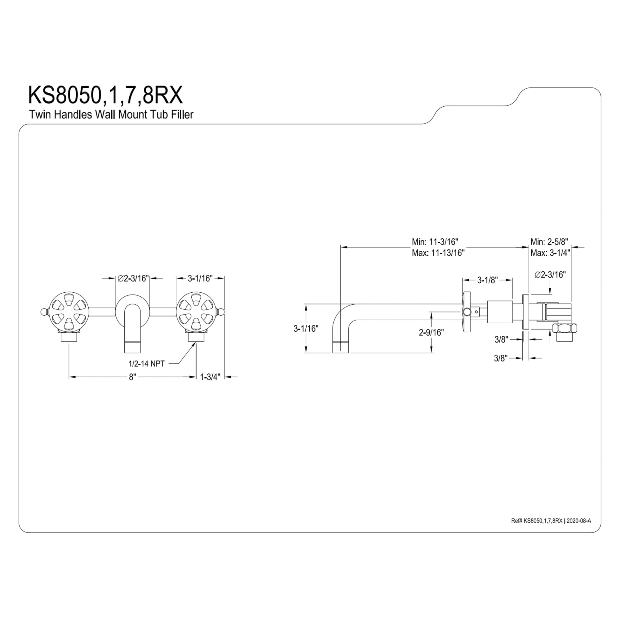 Kingston Brass KS8051RX Belknap Two-Handle 3-Hole Wall Mount Roman Tub Faucet in Polished Chrome