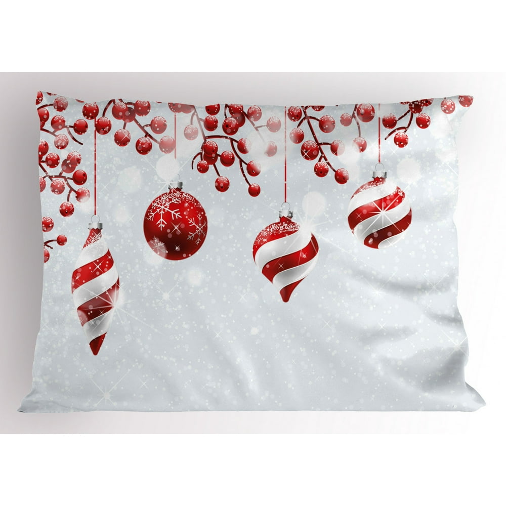 Christmas Pillow Sham Traditional Design Icons Holly Berry Branches with Snow and Bokeh Effect